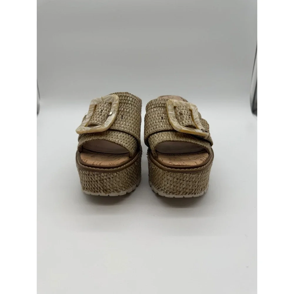 Sam Edelman Women Raffia Platform Wedge Sandals Tan Buckle Lug Sole Size 6.5